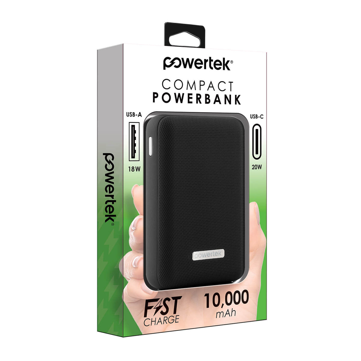 Powertek 10,000mAh Compact Power Bank 20W PD Fast Charge USB-C and USB-A