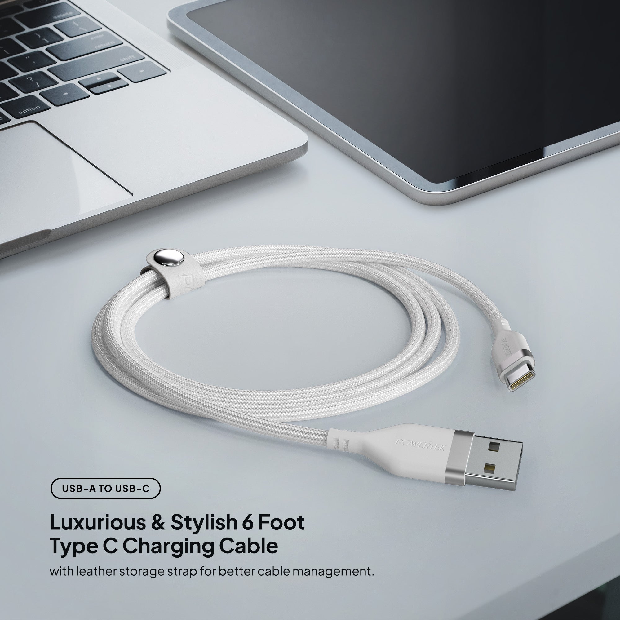 Powertek Premium Braided 6ft USB-A to USB-C Charging Cable