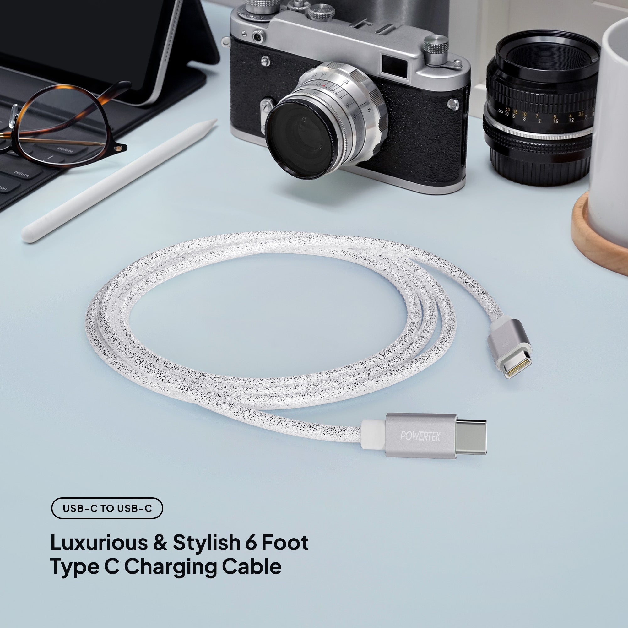 Powertek Premium Glitter 6ft USB-C to USB-C Charging Cable