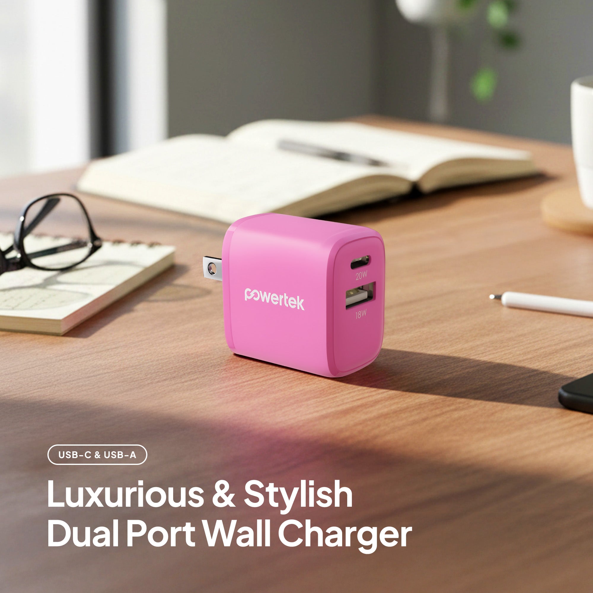 Powertek Carbon Design 20W Dual-Port Wall Charger (USB-A & USB-C)