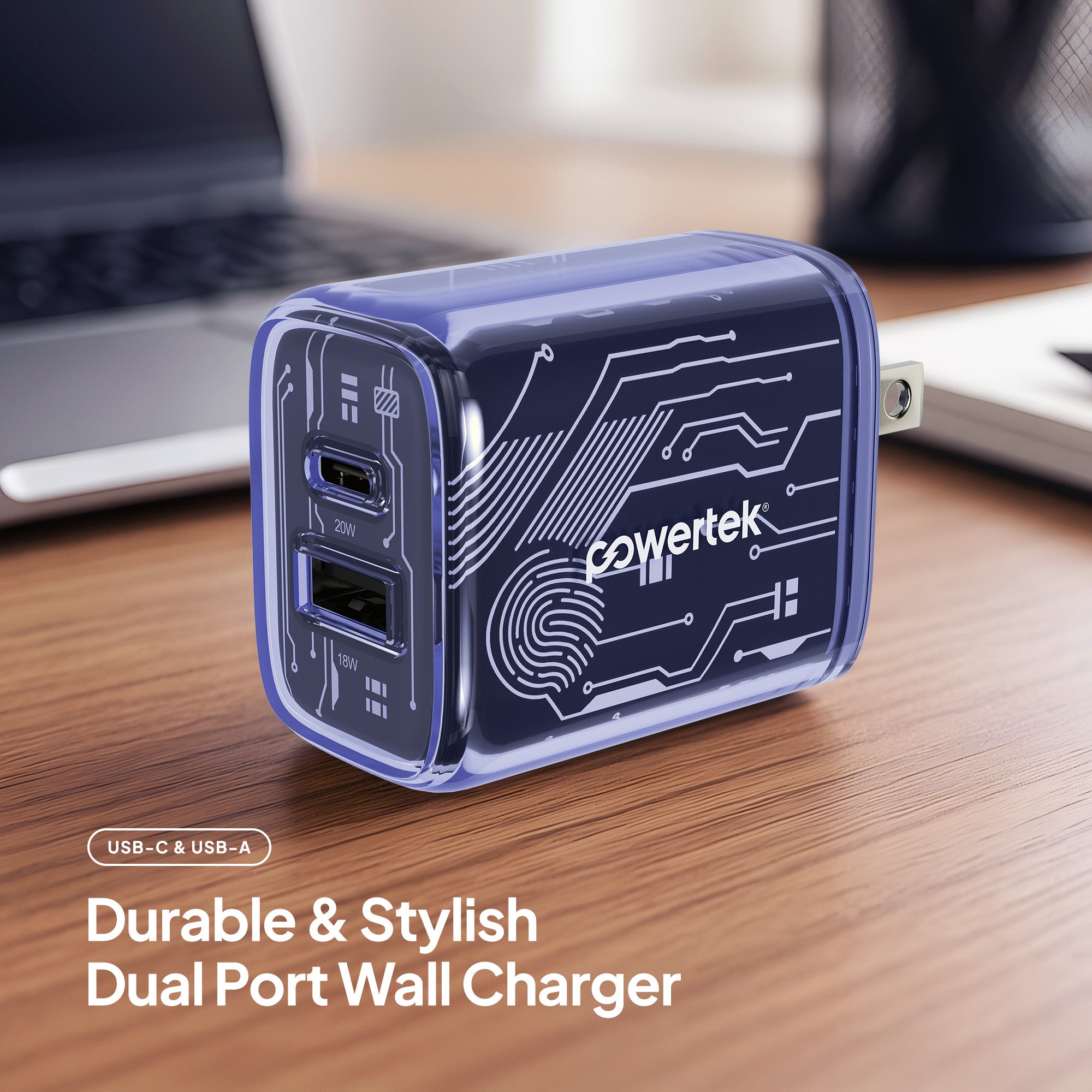 Powertek Cleartek 20W Dual-Port Wall Charger (USB-A & USB-C)