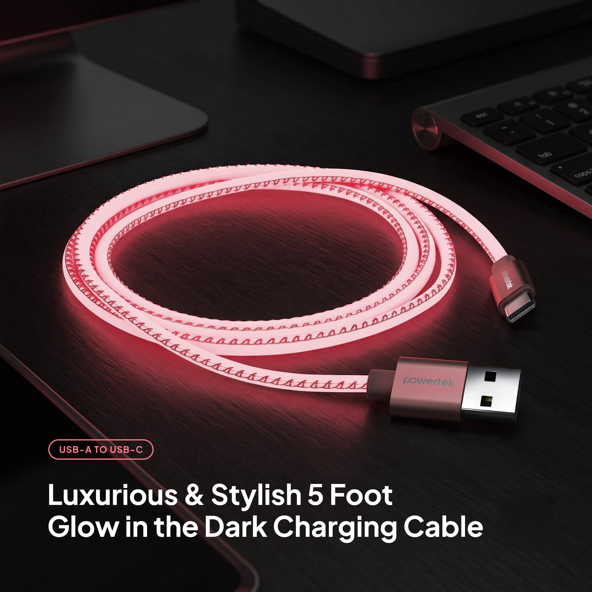 Powertek Glow in the Dark USB-C to USB-A Charging Cable (5ft)