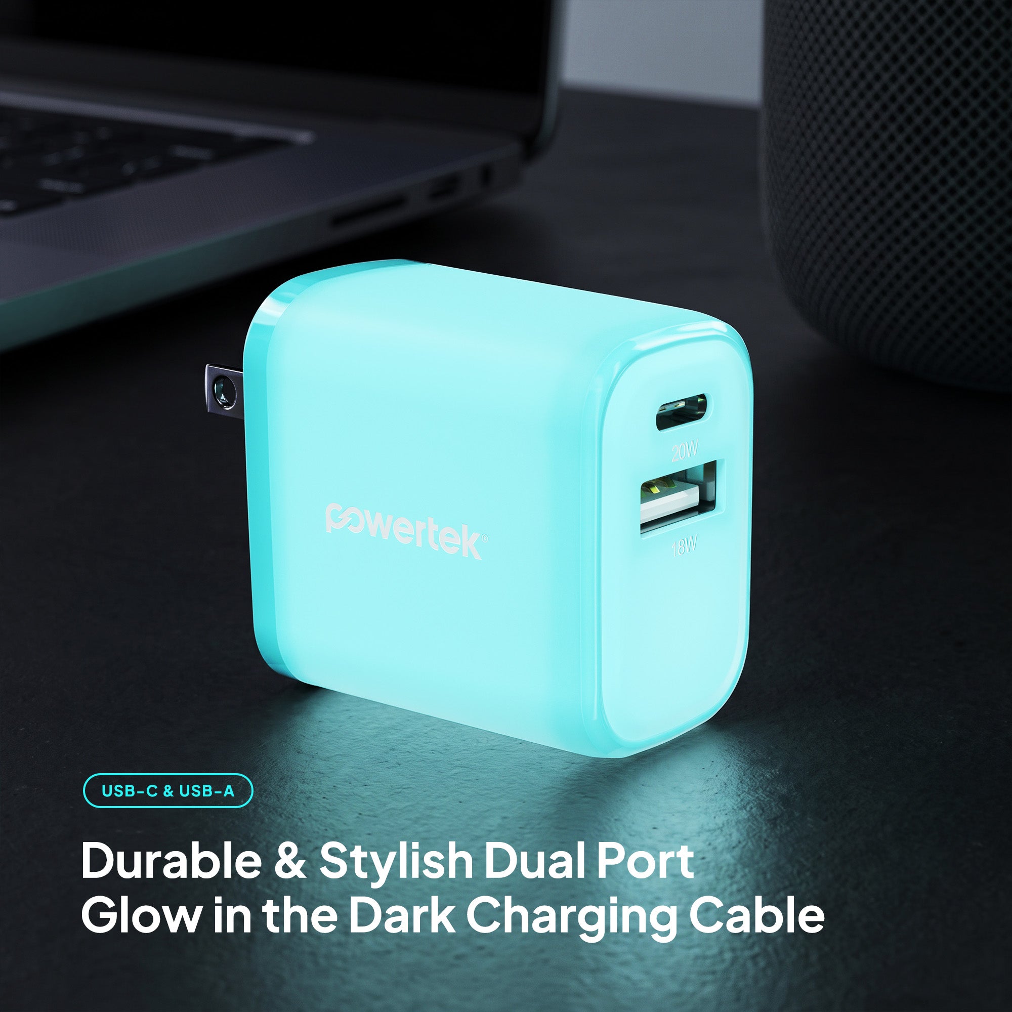 Powertek Glow in the Dark 20W Dual-Port Wall Charger (USB-A & USB-C)