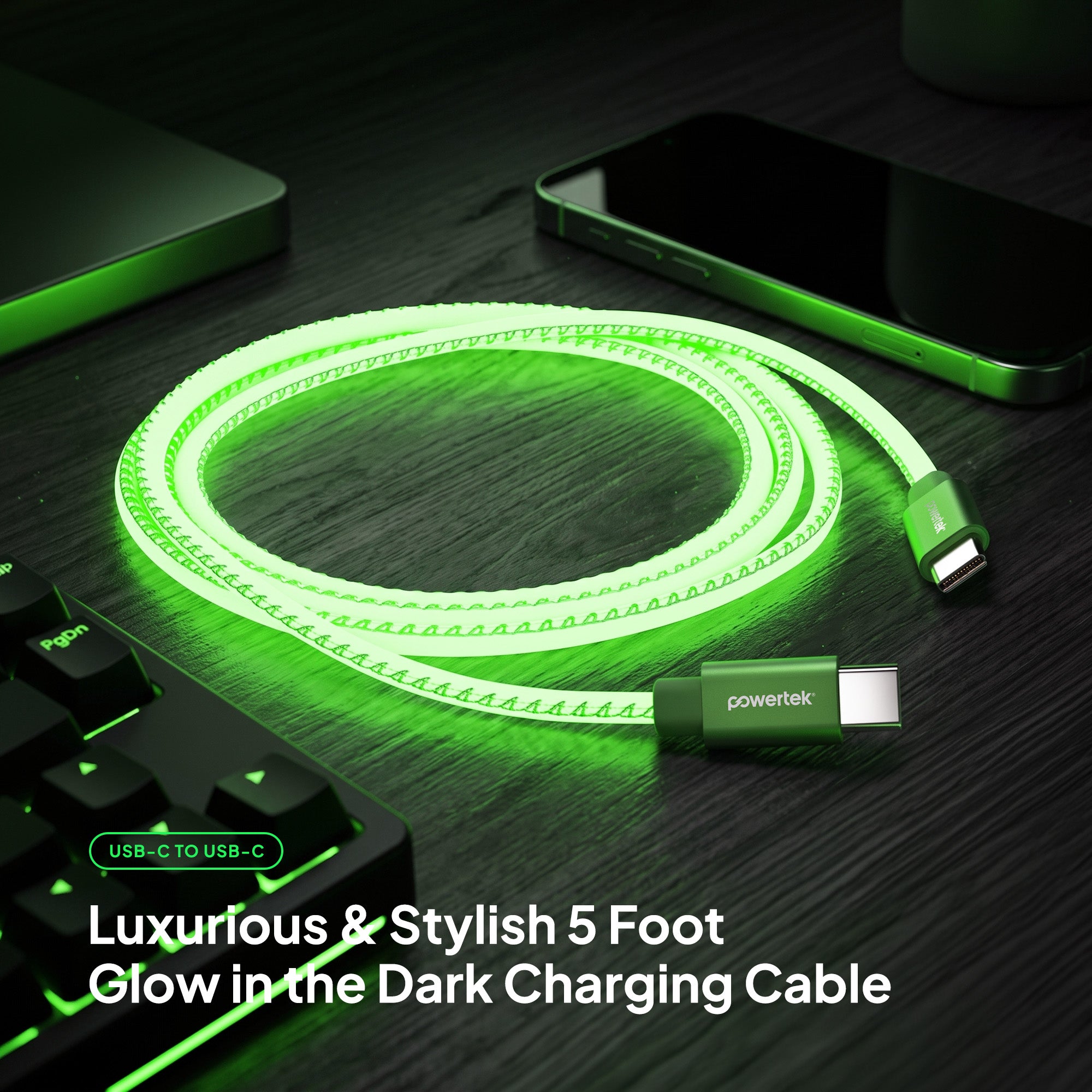 Powertek Glow in the Dark USB-C to USB-C Charging Cable (5ft)