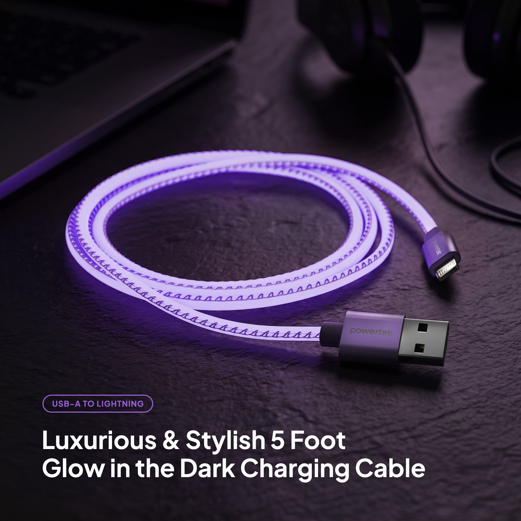 Powertek Glow in the Dark USB-A to Lightning Charging Cable (5ft)