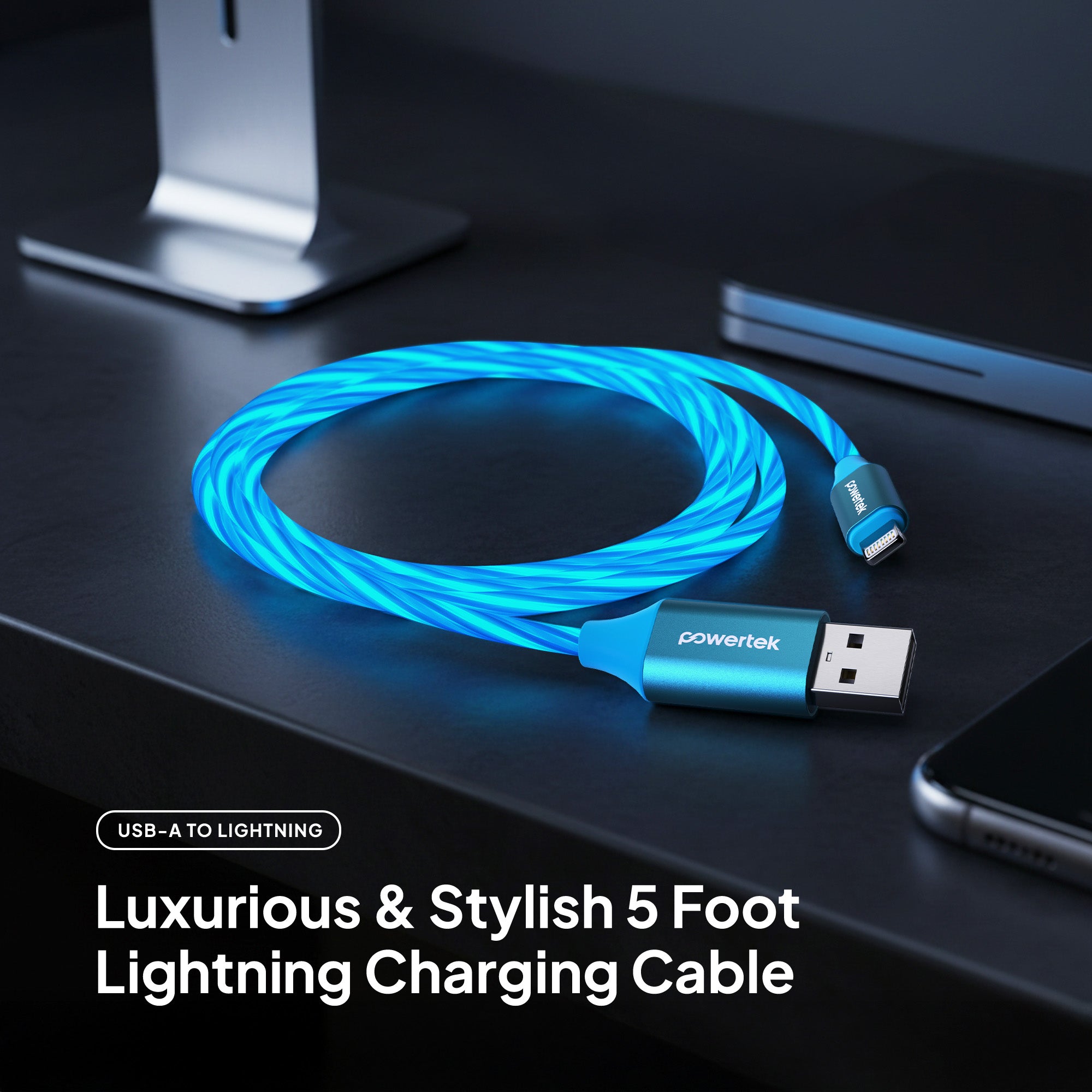 Powertek Light-Up 5ft USB-A to Lightning Charging Cable