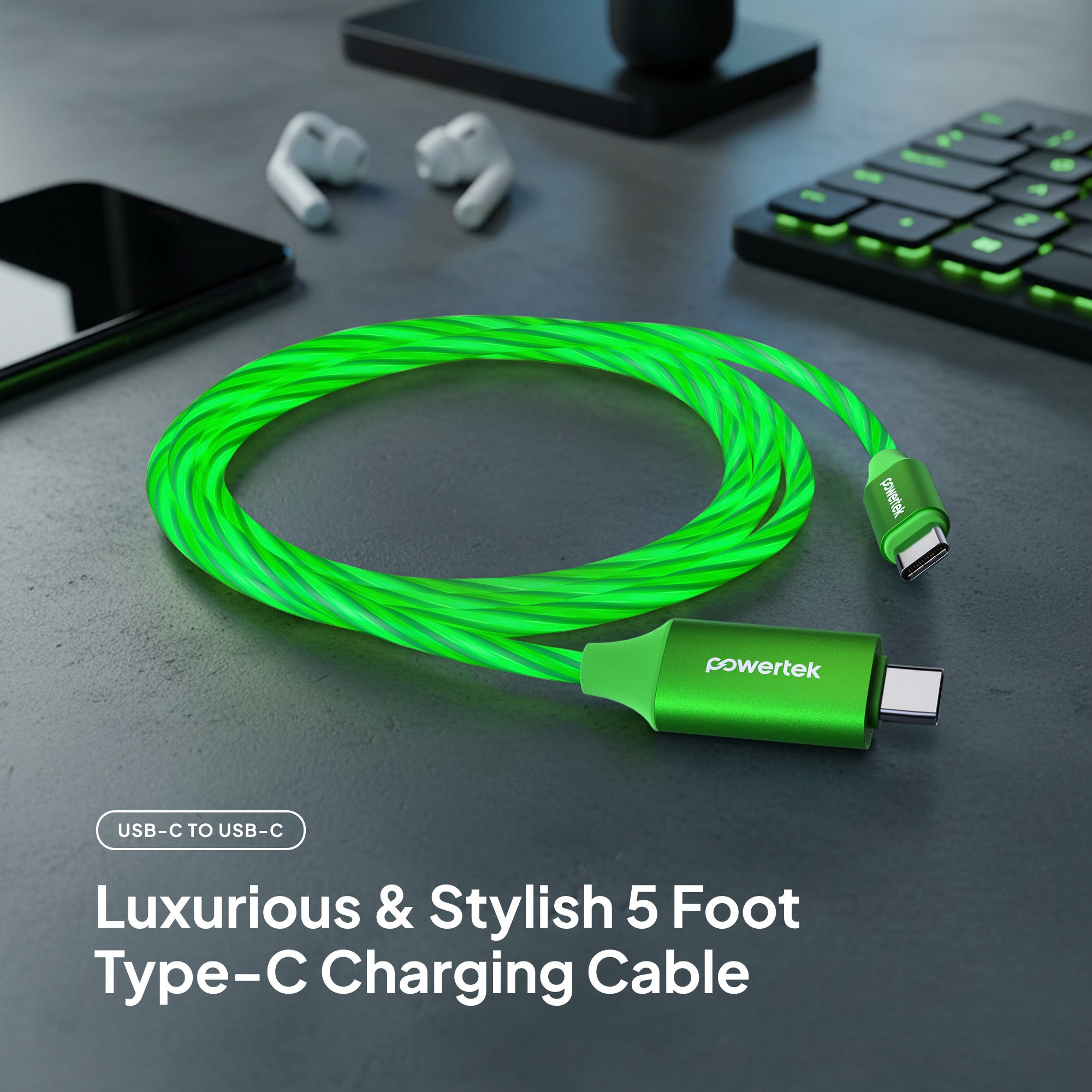 Powertek Light-Up 5ft USB-C to USB-C Charging Cable