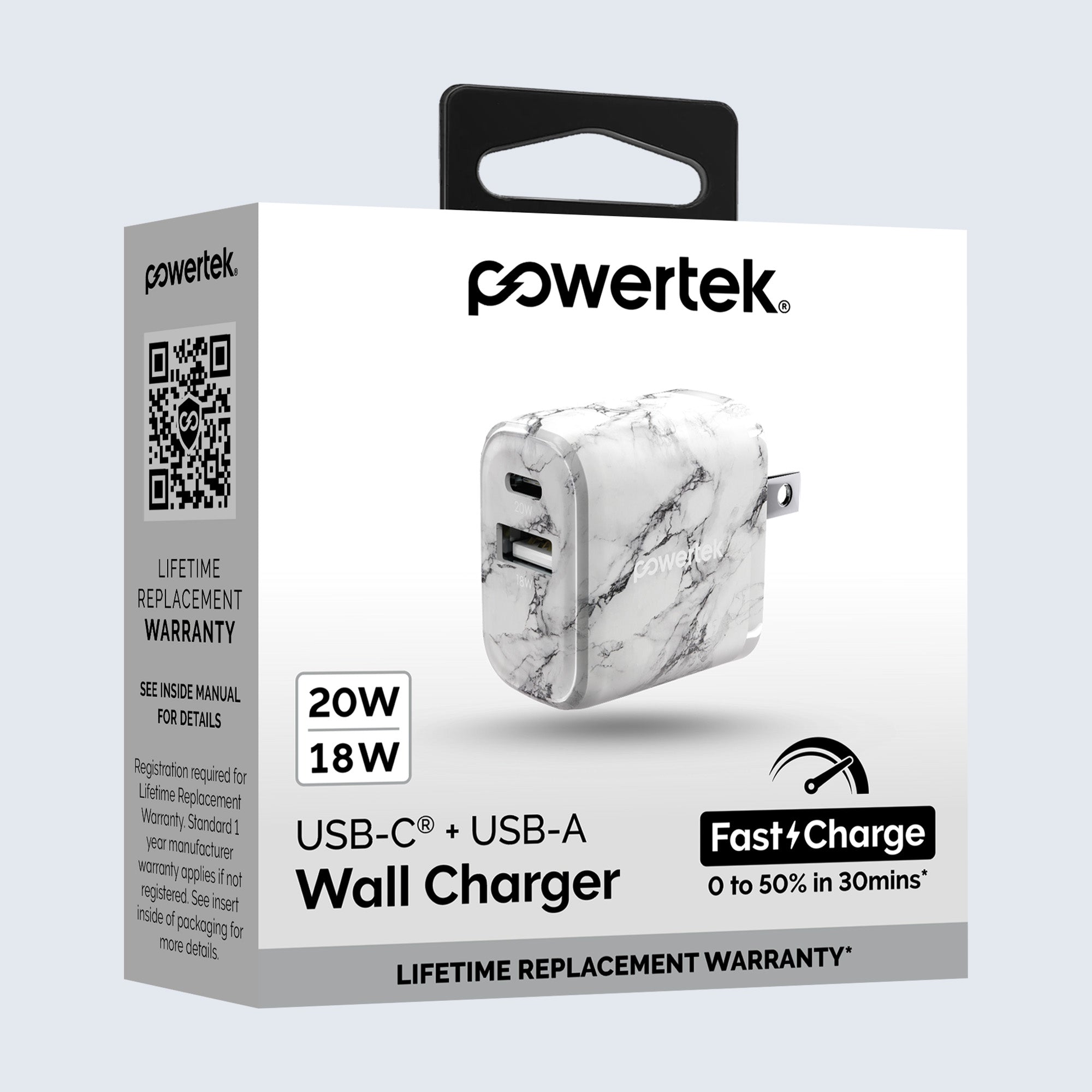 Powertek Marble 20W Dual-Port Wall Charger (USB-A & USB-C)
