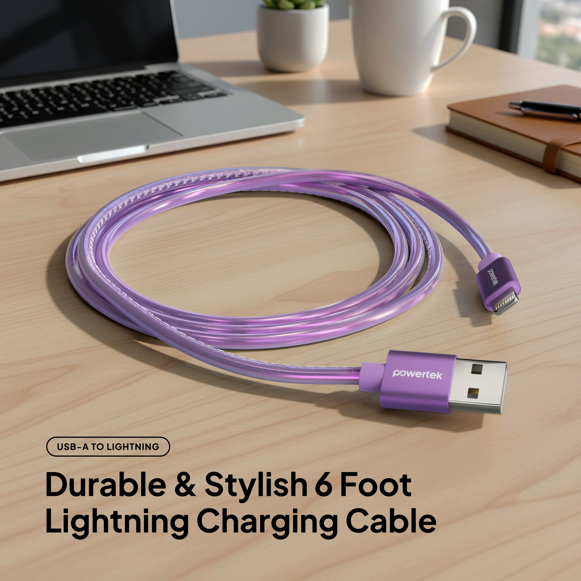 Powertek Metallic Shine Pastel 6ft USB-A to Lightning Charging Cable