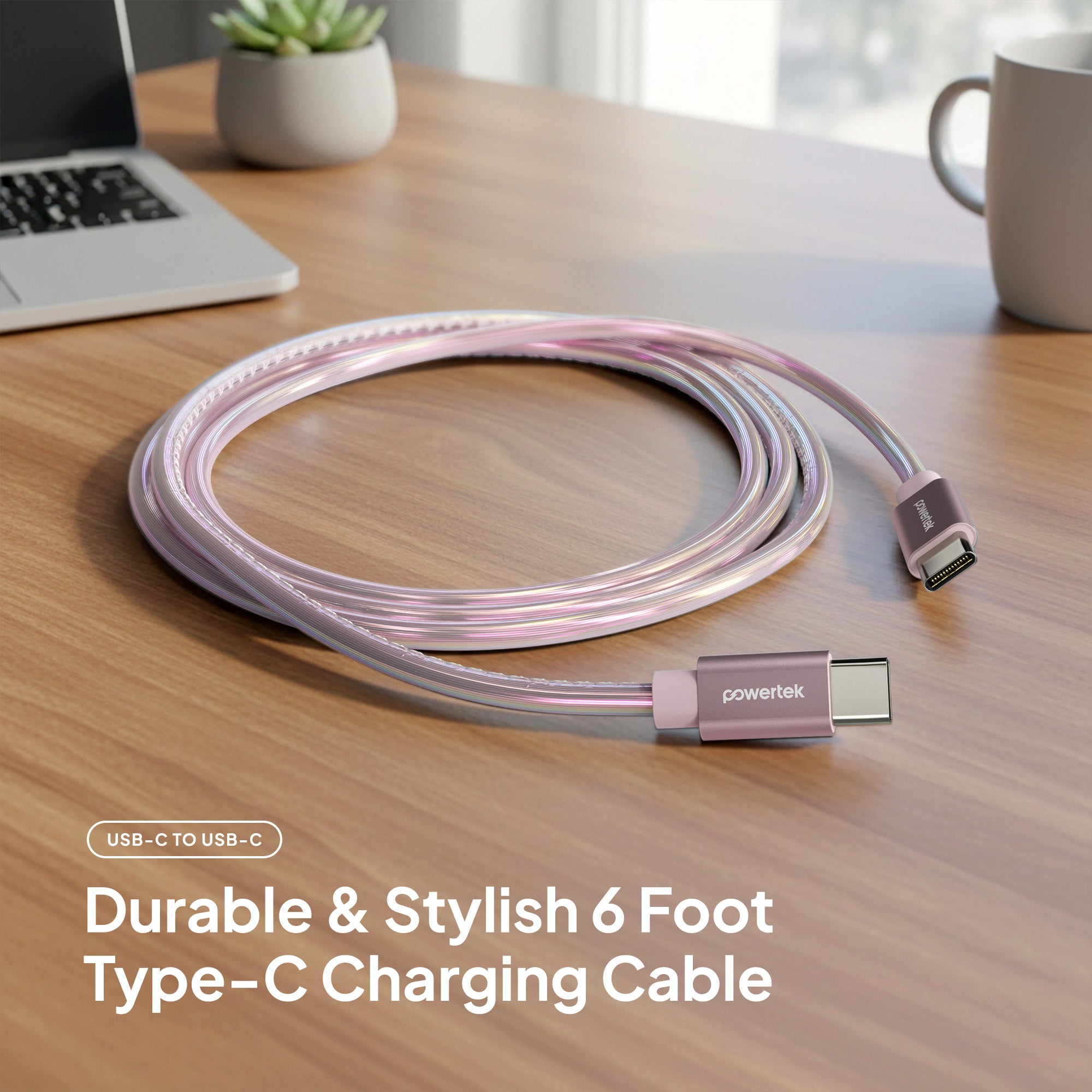 Powertek Metallic Shine Pastel 6ft USB-C to USB-C Charging Cable