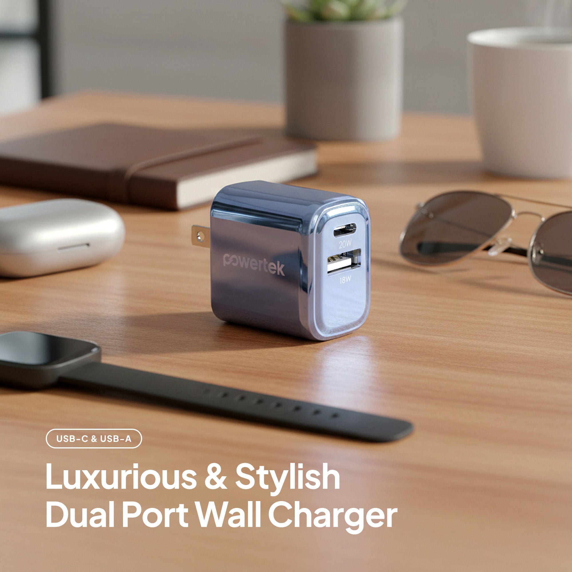 Powertek Metallic Shine Pastel 20W Dual-Port Wall Charger (USB-A & USB-C)