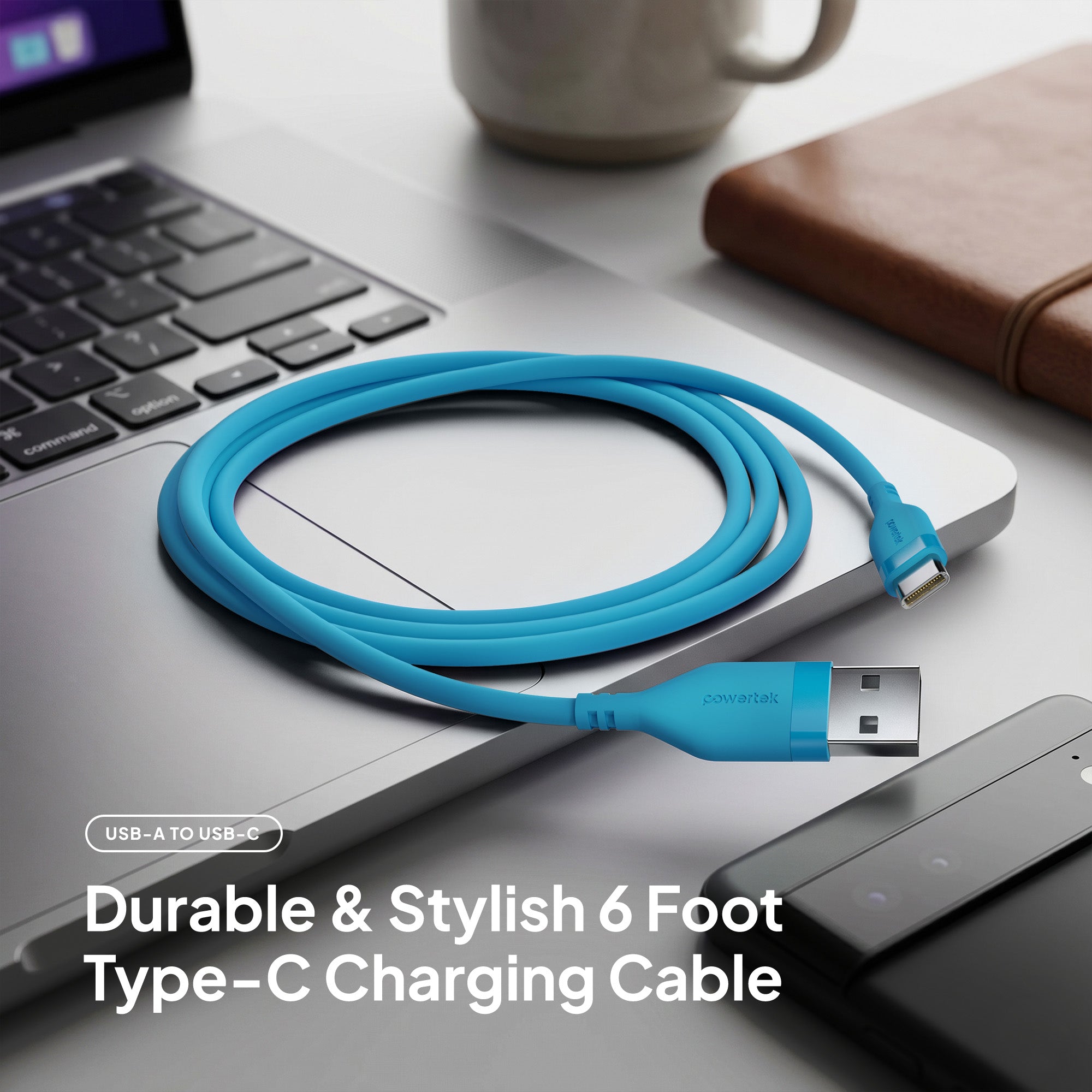 Powertek Neon 6ft USB-A to USB-C Charging Cable