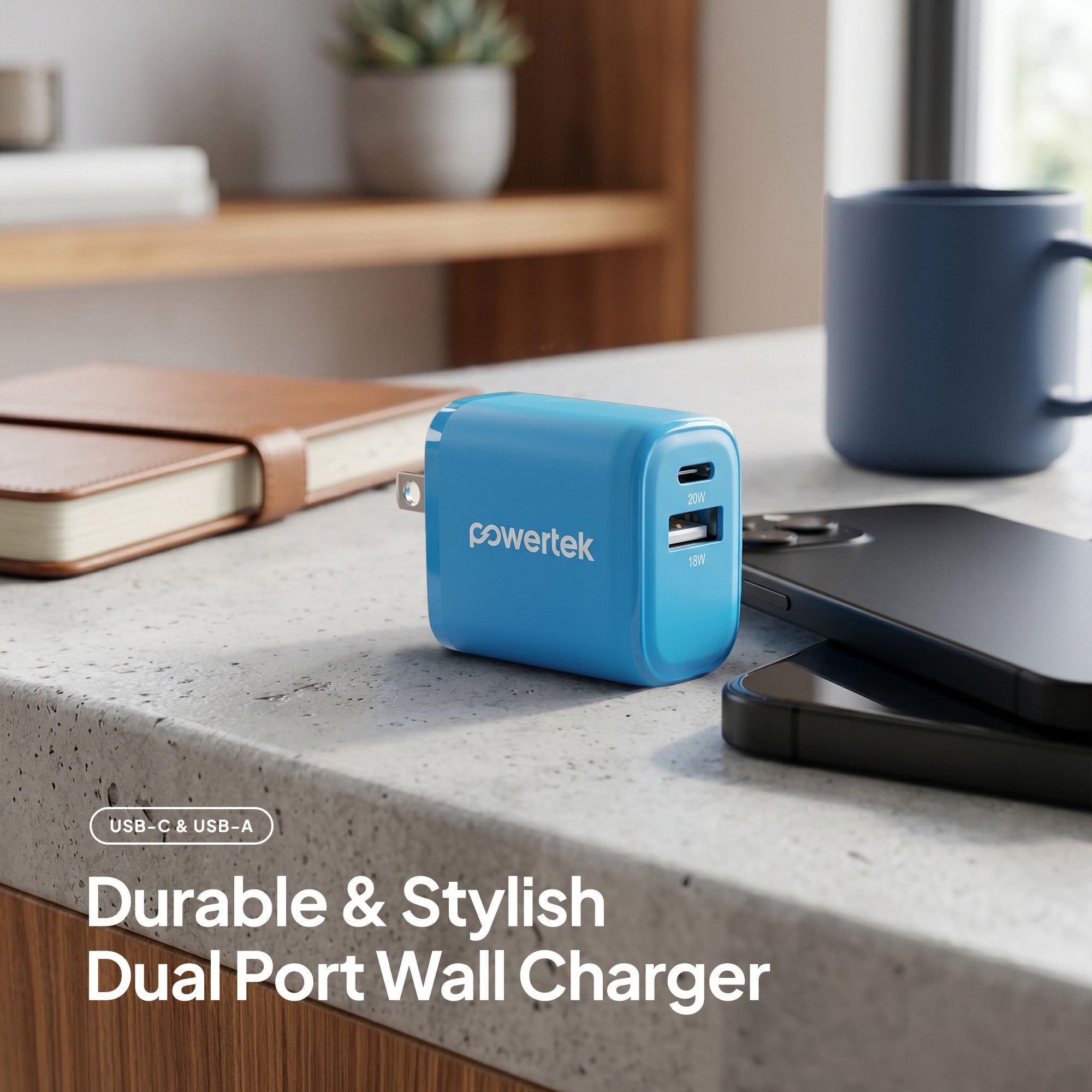 Powertek Neon 20W Dual-Port Wall Charger (USB-A & USB-C)