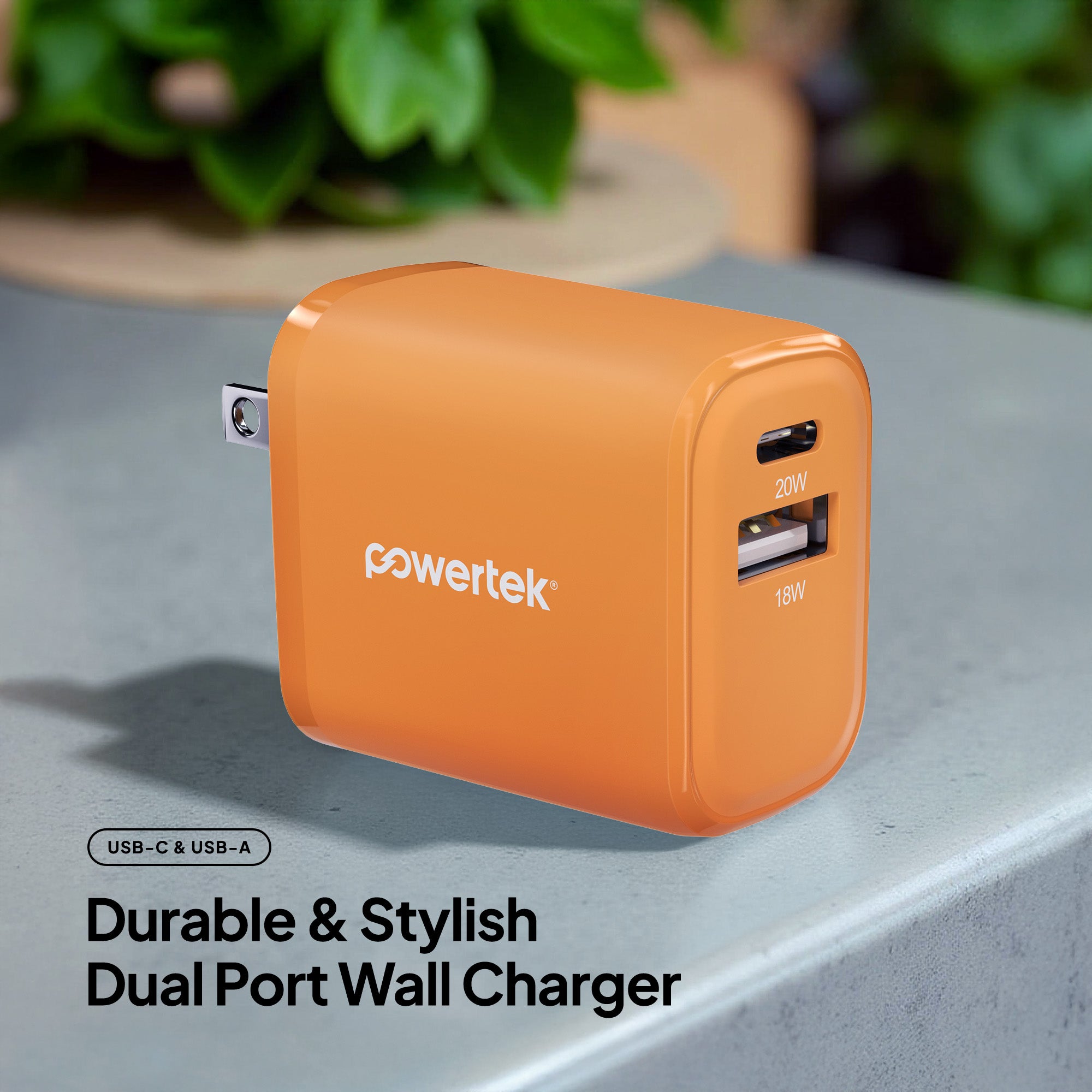 Powertek Neon Two-Tone 20W Dual-Port Wall Charger (USB-A & USB-C)