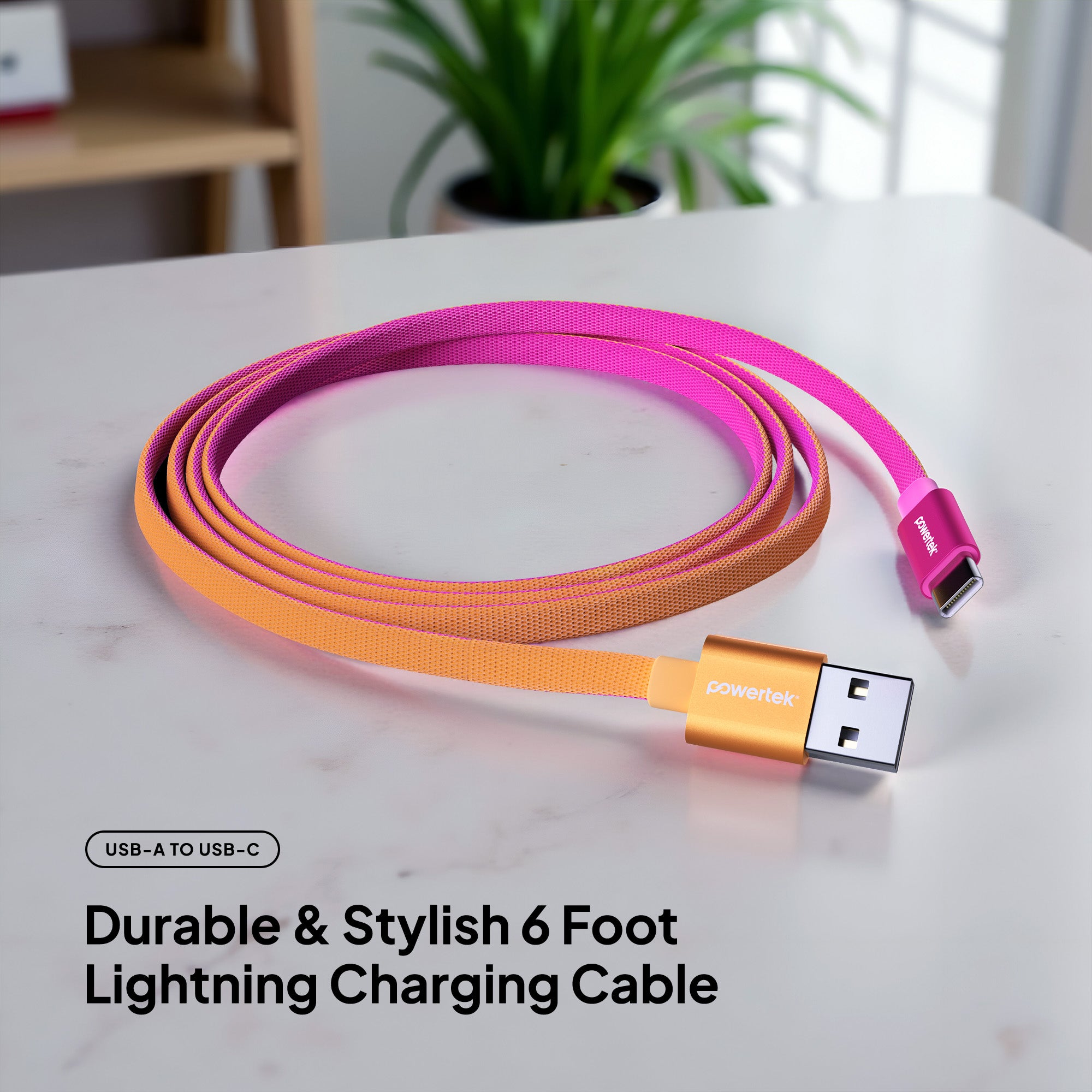 Powertek Neon Two-Tone 6ft USB-A to USB-C Charging Cable