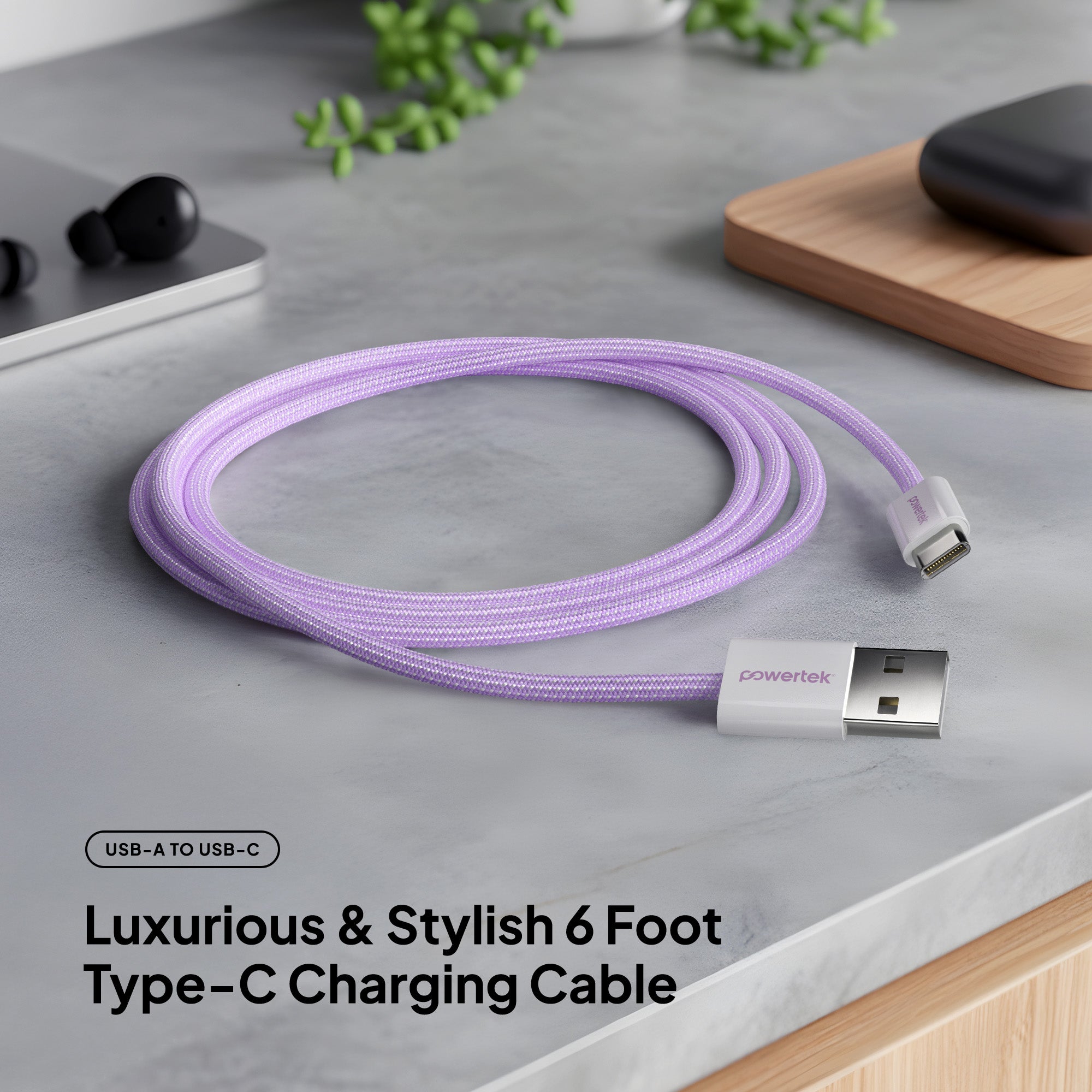 Powertek Pastel Braided 6ft USB-A to USB-C Charging Cable