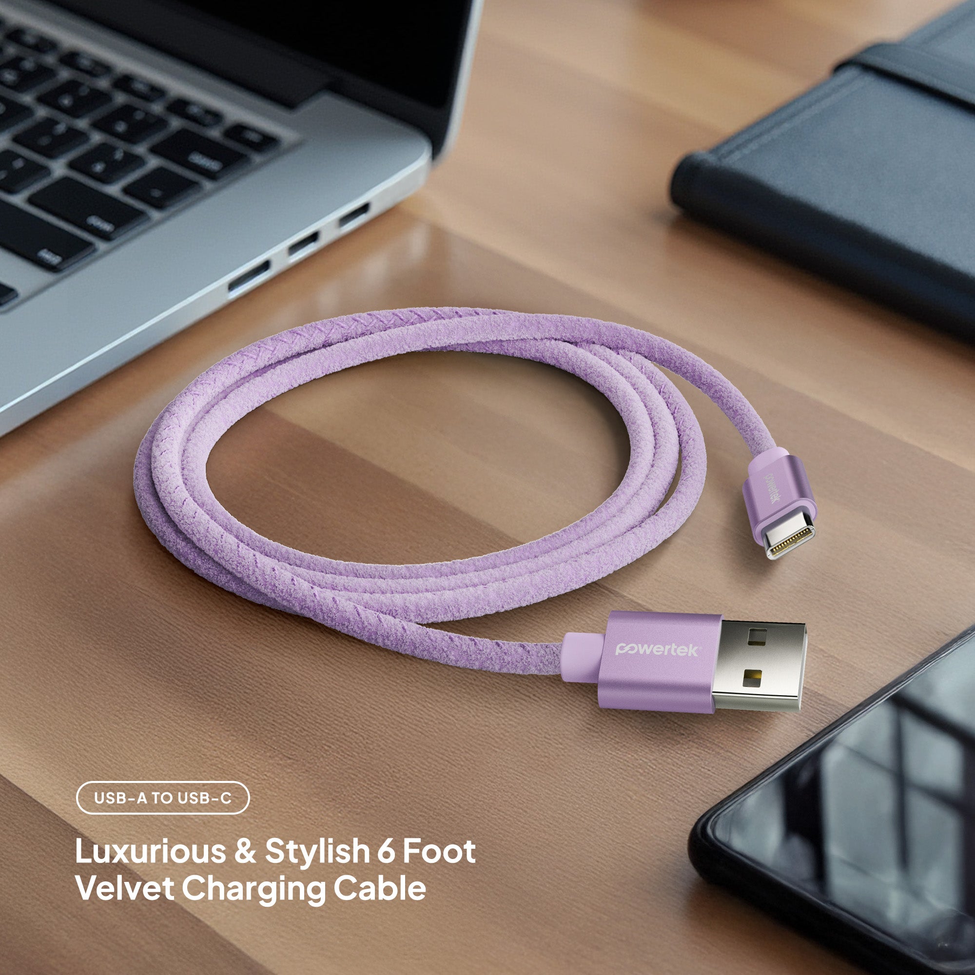 Powertek Pastel Velvet 6ft USB-A to USB-C Charging Cable