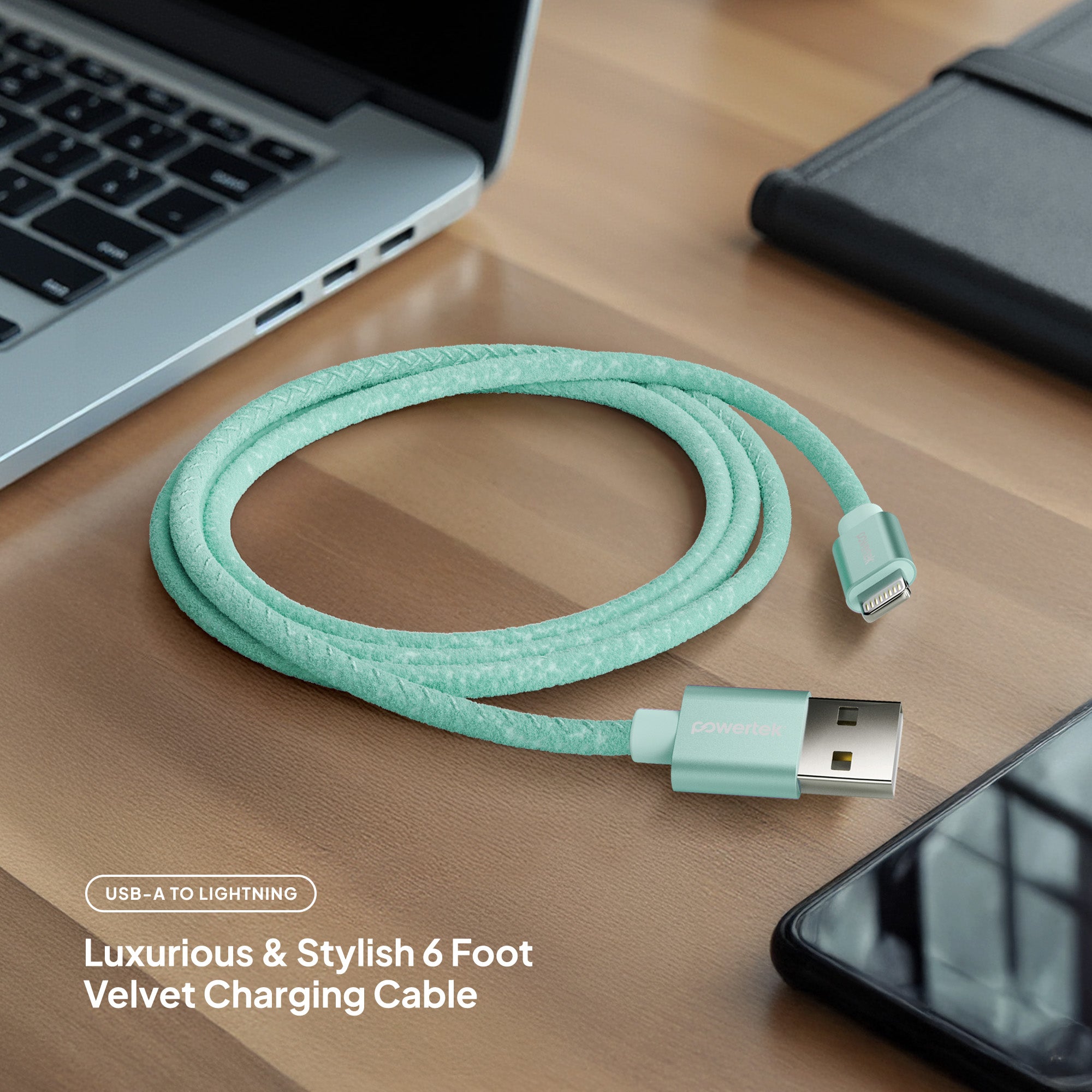 Powertek Pastel Velvet 6ft USB-A to Lightning Charging Cable