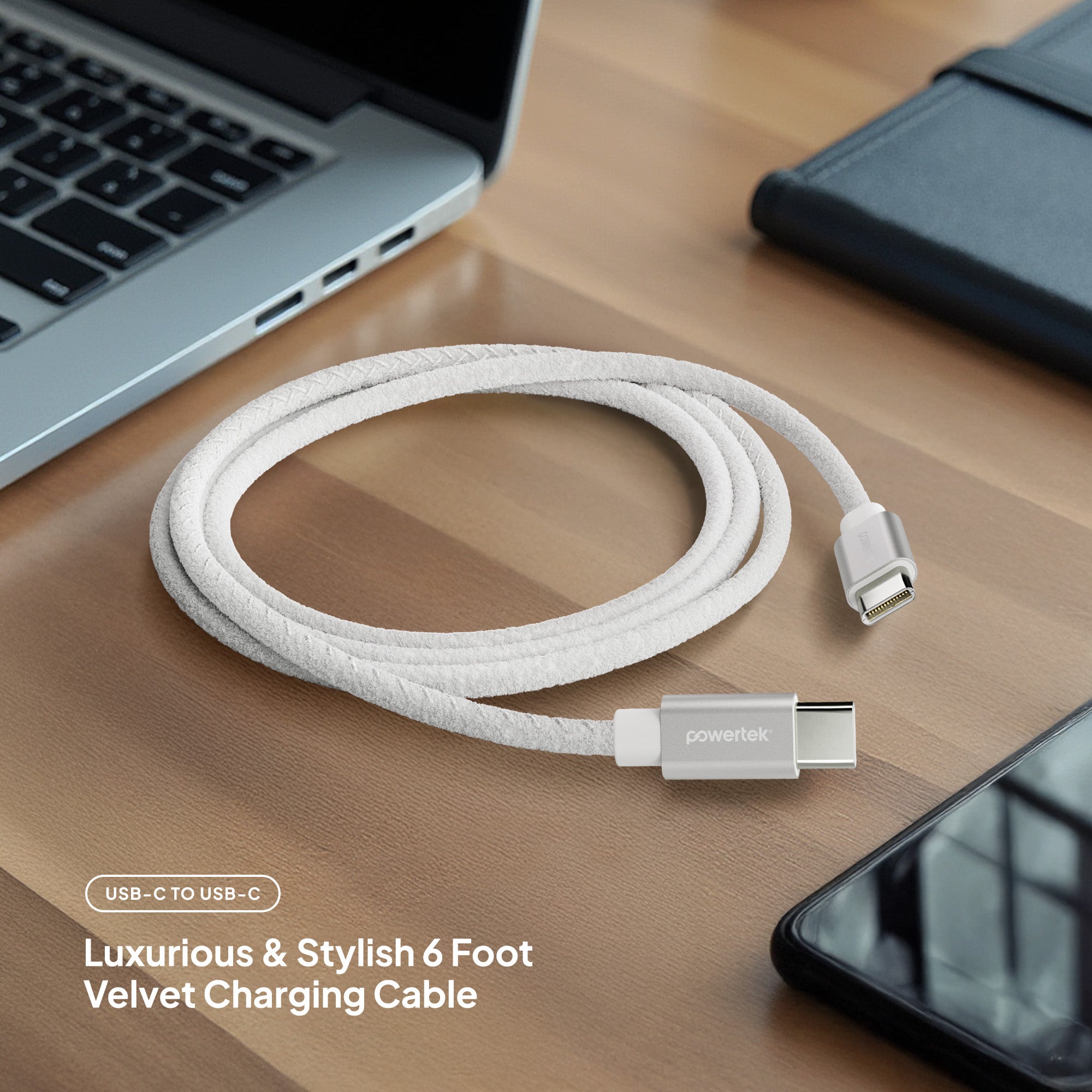 Powertek Pastel Velvet 6ft USB-C to USB-C Charging Cable