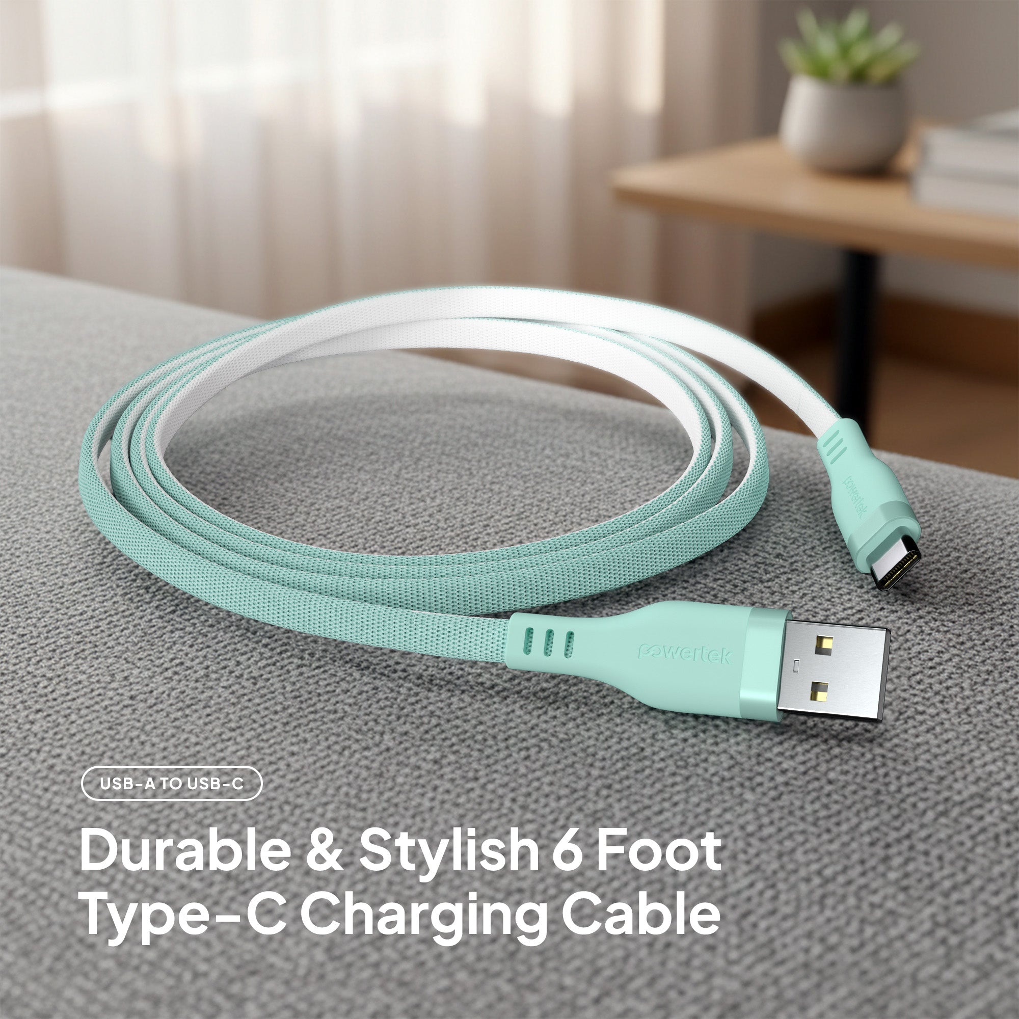 Powertek Two-Tone Pastel 6ft USB-A to USB-C Charging Cable