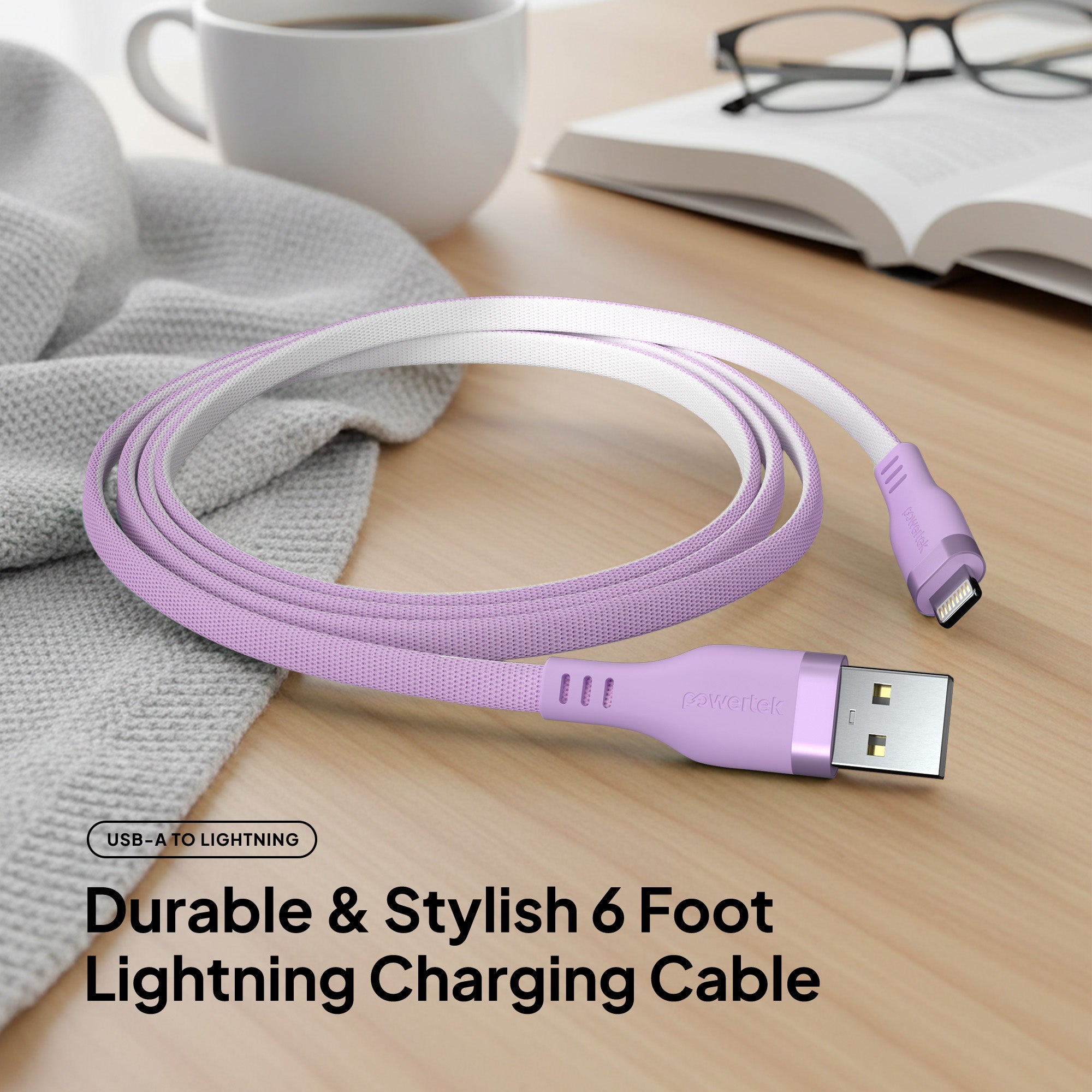 Powertek Two-Tone Pastel 6ft USB-A to Lightning Charging Cable