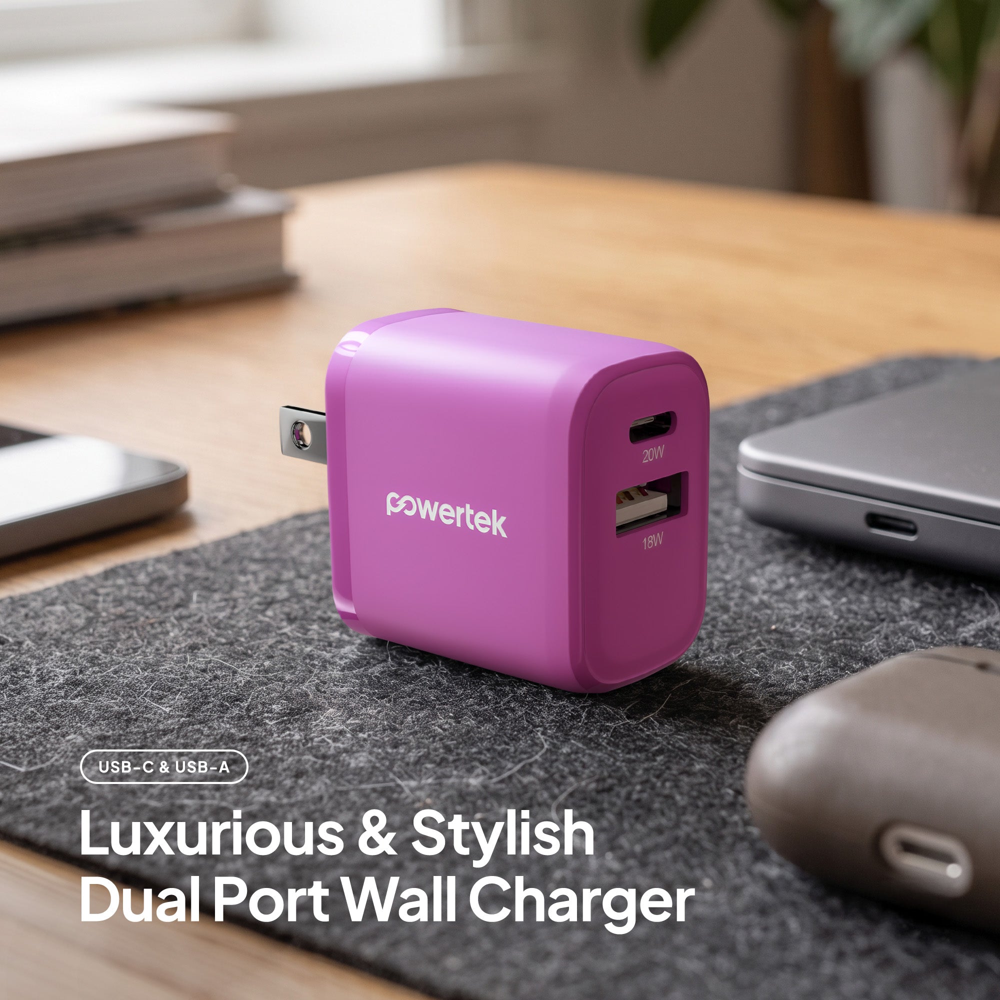 Powertek Ultra 20W Dual-Port Wall Charger (USB-A & USB-C)
