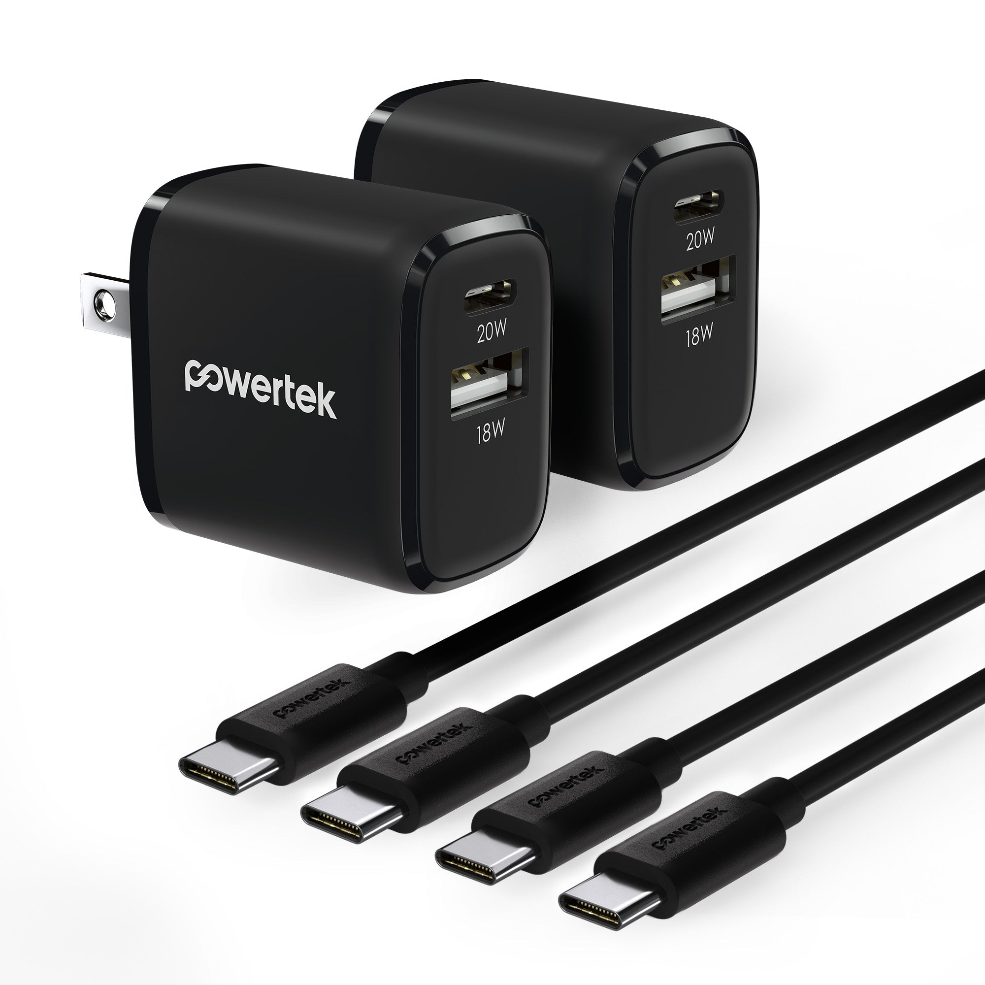 Powertek Value 4-Pack Bundle, Dual Port Wall Chargers with 6ft USB-C to USB-C Cables