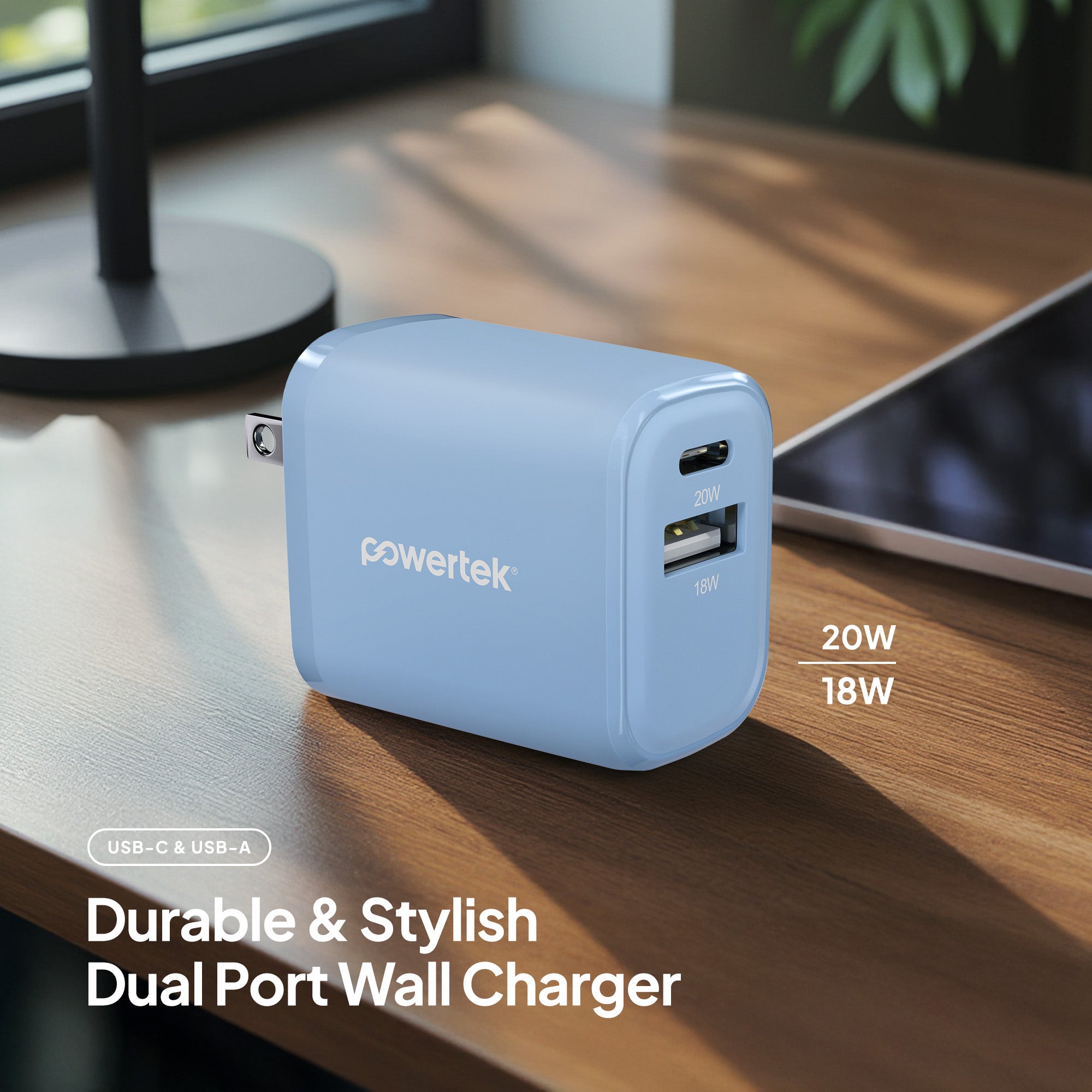 Powertek Pastel Velvet 20W Dual-Port Wall Charger (USB-A & USB-C)